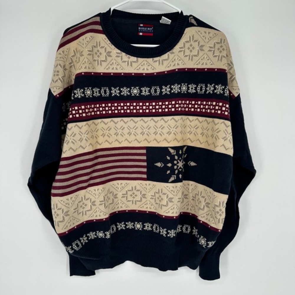 Vintage Y2K Bugle Boy Mens Medium Navy Blue Fair Isle Snowflake Sweater‎